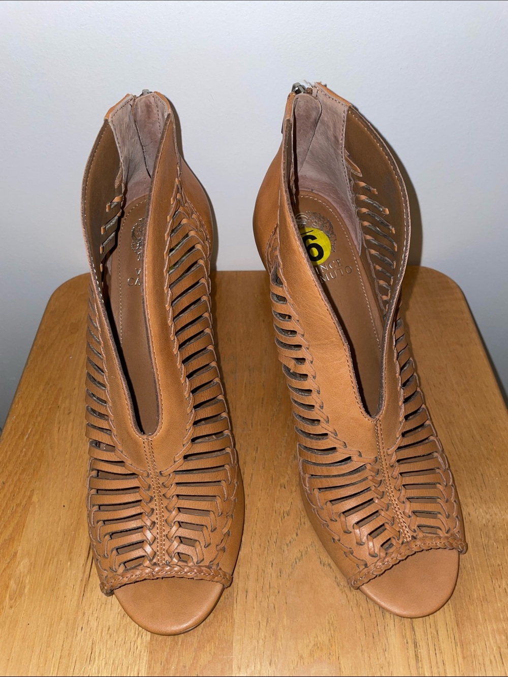 Vince Camuto Leather Tan Woven Peep-Toe Booties Size 9